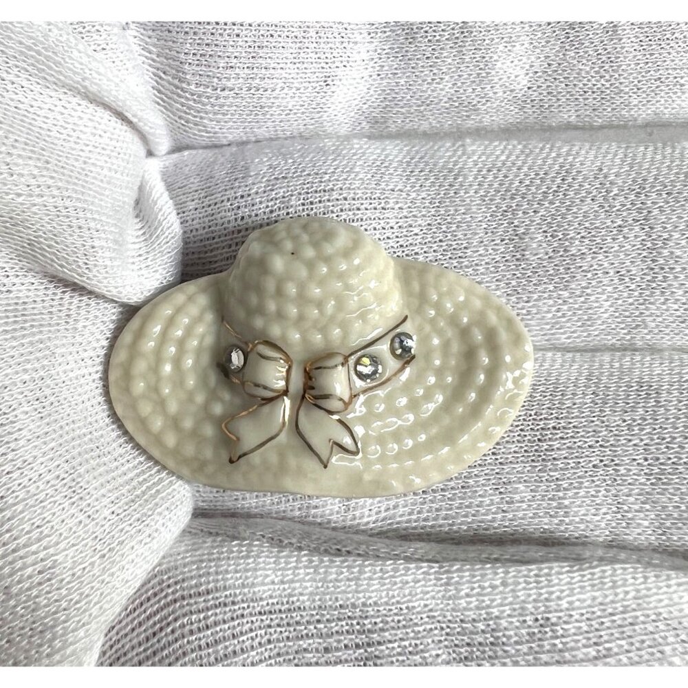 Lenox Porcelain Hat Brooch Pin White With Rhinestone Accents & Bow Design Vintag